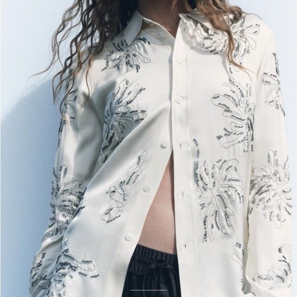 Zara Woman Collection Ecru Beaded Embroidery Shirt 100% Viscose